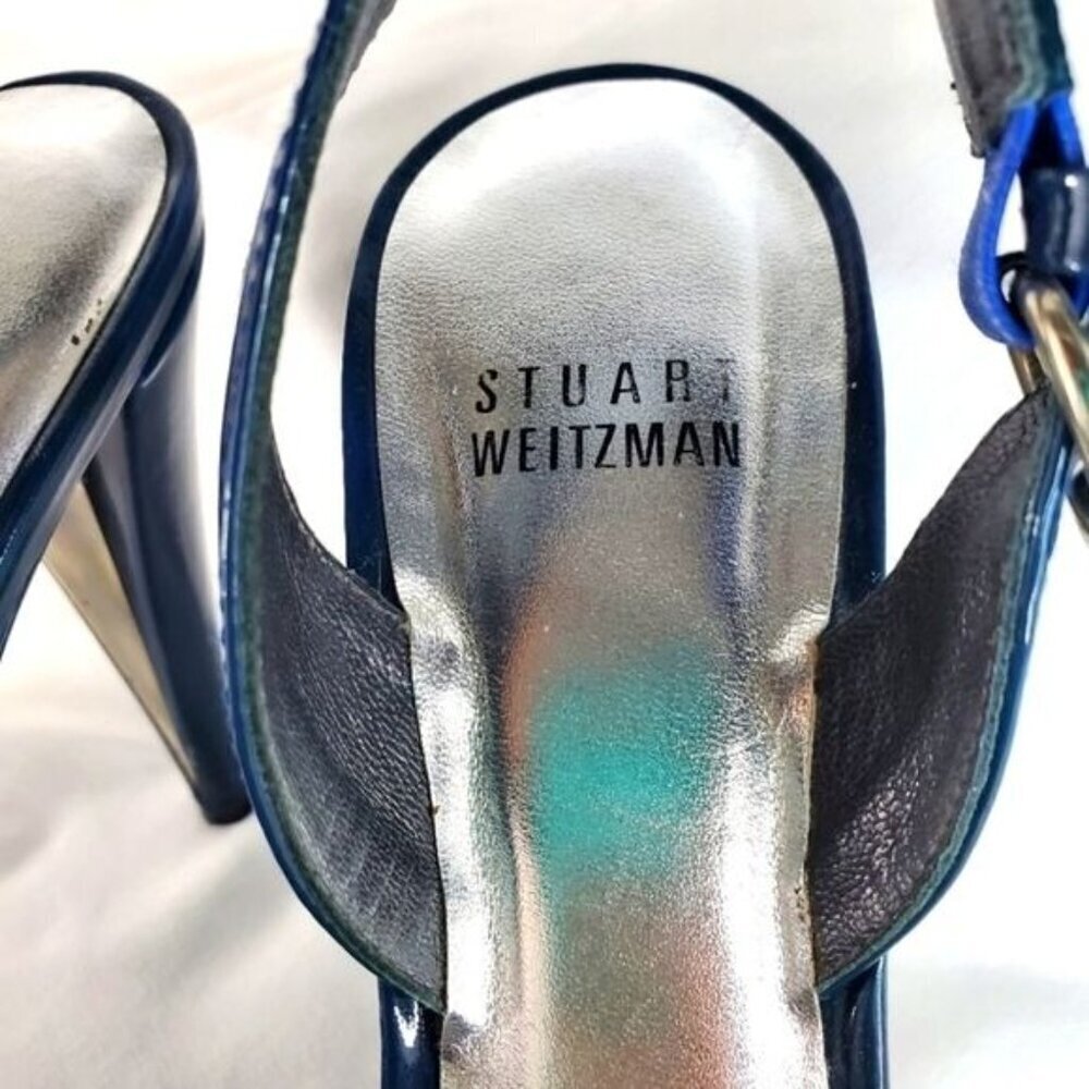 Stuart Weitzman blue patent leather buckle slingback platform shoes heel  7.5 - Picture 3 of 14